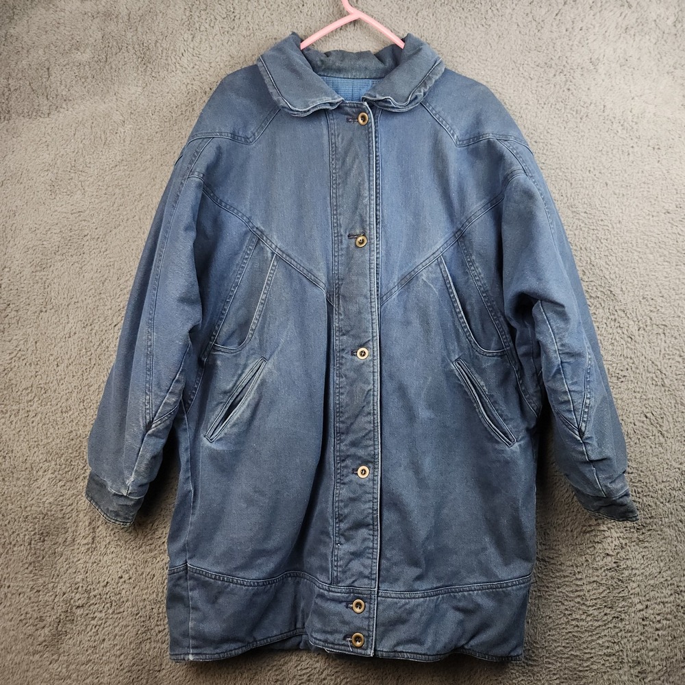 Vintage 90s Canvas Oversized Chore Coat Womens Large Blue Full Zip Barn Jacket